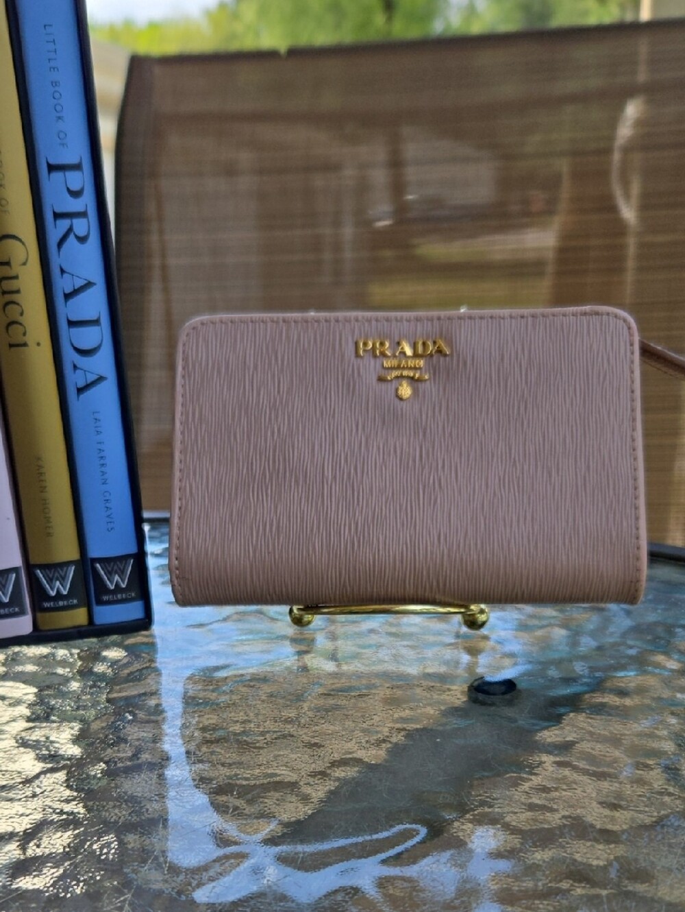 Prada Taupe Saffiano Zip-Around Wallet with Gold Logo